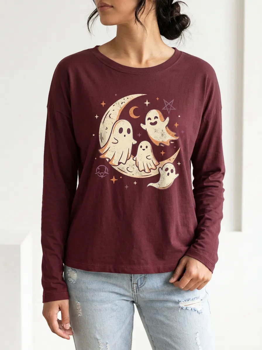 Women's Halloween Ghost Moon Printed Long Sleeve T-shirt
