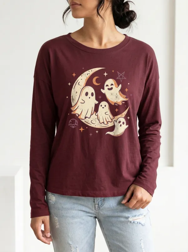 Women's Halloween Ghost Moon Printed Long Sleeve T-shirt