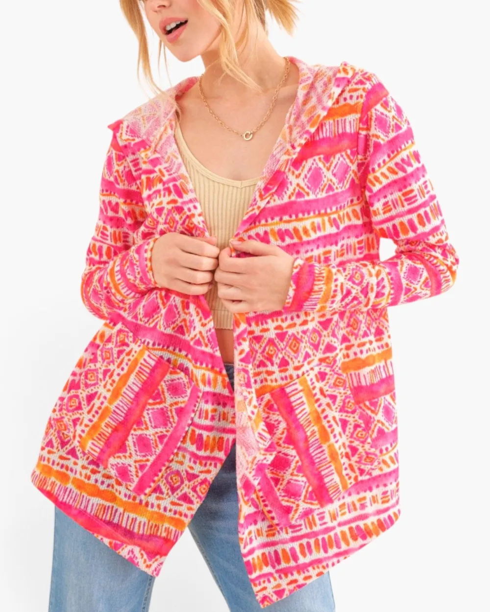 Printed Hooded Cardigan