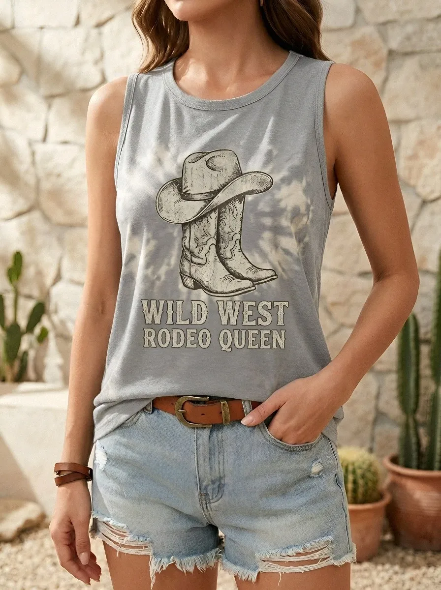 Women's Wild West Rodeo Queen Cowboy Boots Printed Tie-Dye Tank Top