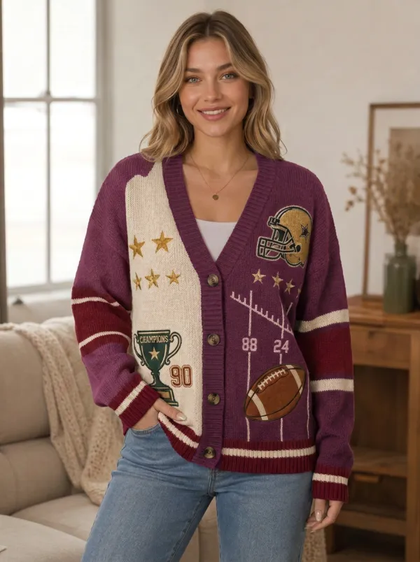 Women's Gridiron Helmet Trophy Stars Knit Cardigan