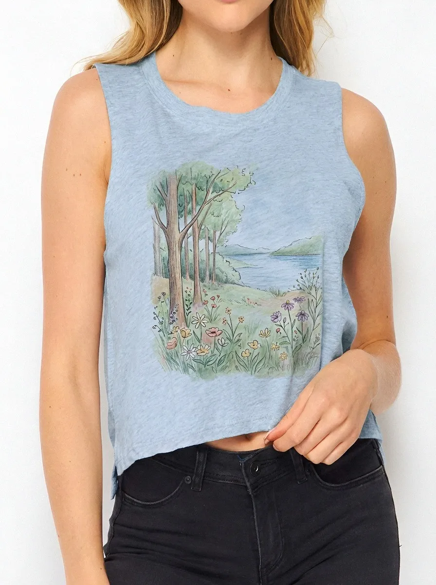 Women's Nature Lover Forest Lake Floral Printed Crop Tank Top