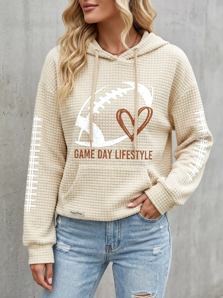 Women's Weekend Football Lover Game Day Heart Printed Waffle Hoodie