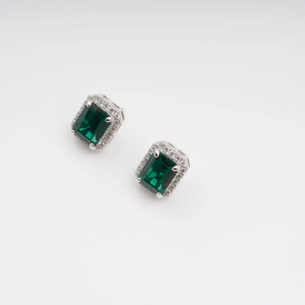 Green Square Emerald Cut Gemstone Sterling Silver Earrings