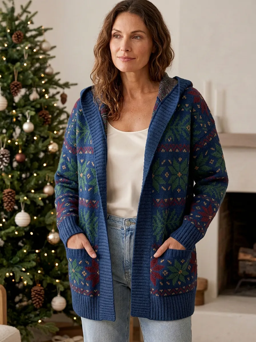 Christmas Snowflake Pattern Print Festive Hooded Cardigan