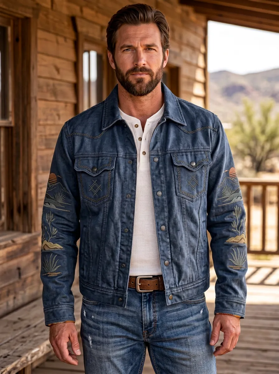 Western Trail Desert Landscape Embroidered Look Men's Western Jacket