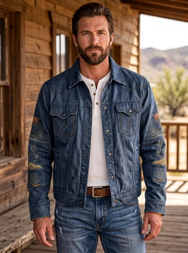 Western Trail Desert Landscape Embroidered Look Men's Western Jacket