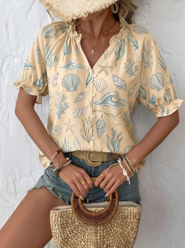 Women's Beach Vacation Seashell Starfish Printed V-neck blouse