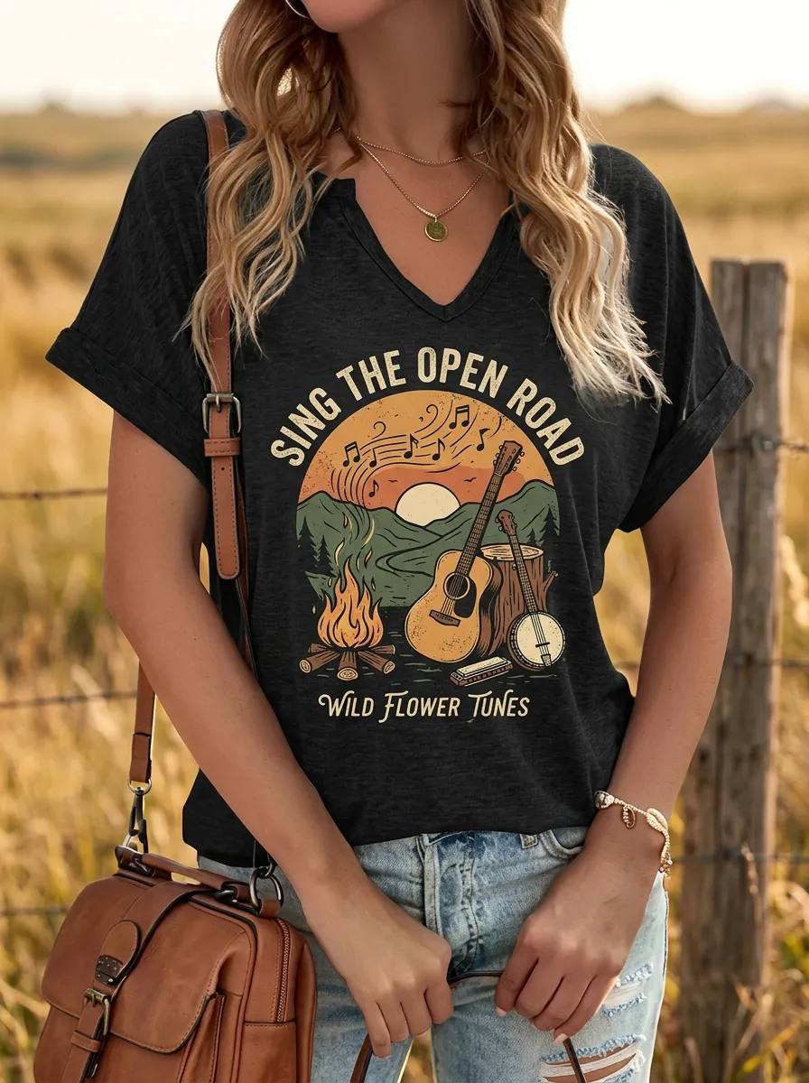 Rustic Guitar Women's Country Music V-Neck T-Shirt