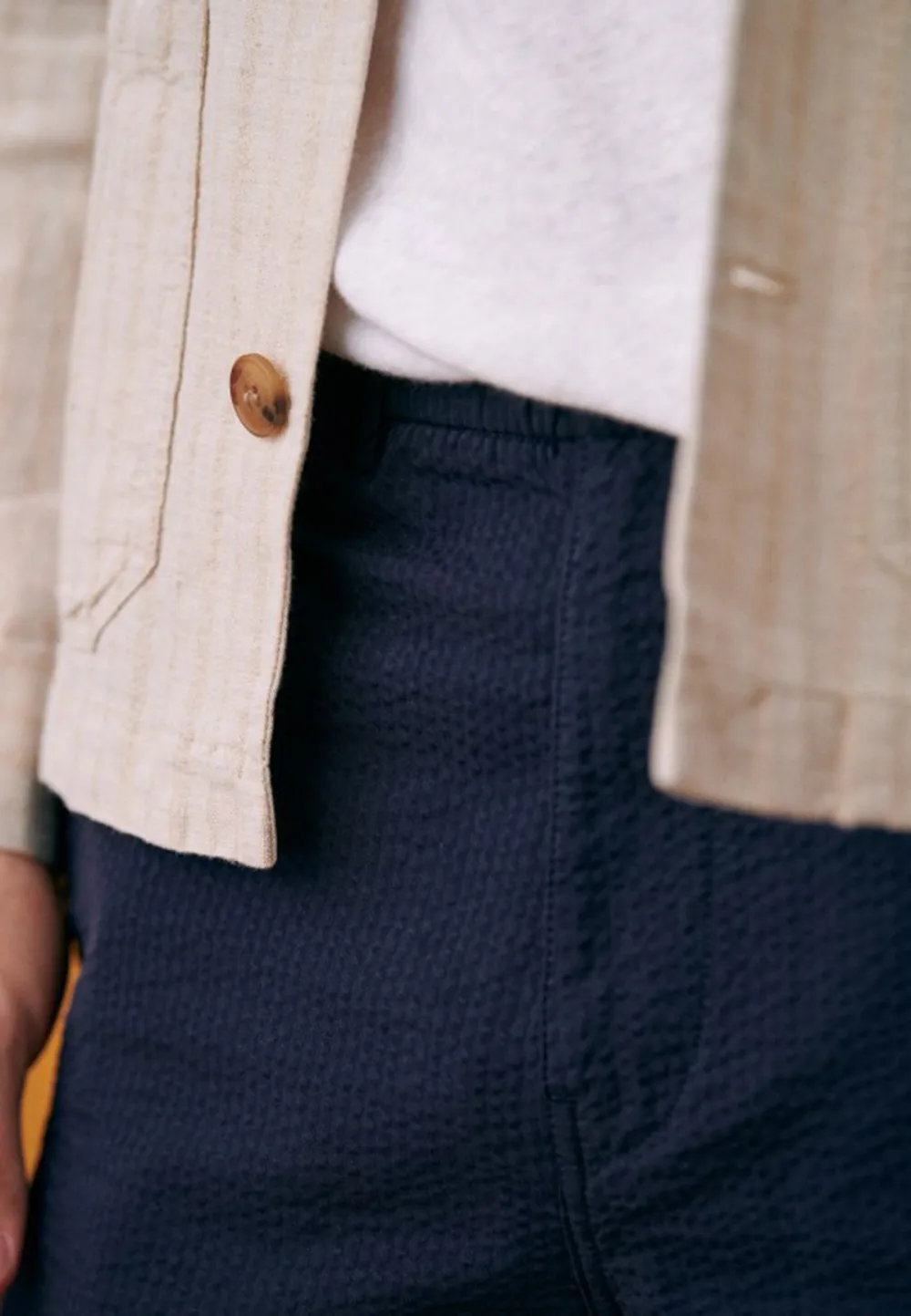 Navy Seersucker Drawstring Waist Casual Trousers