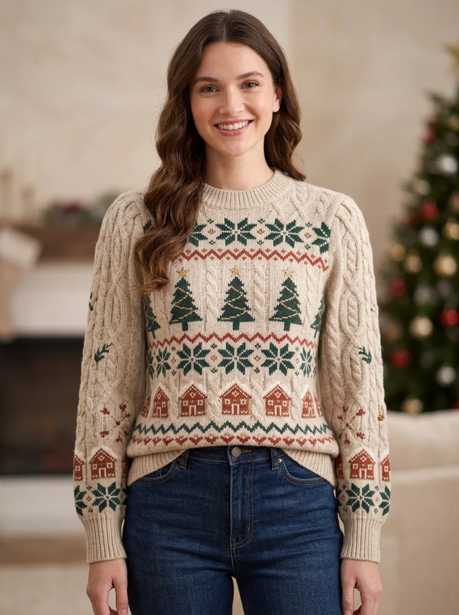 Christmas Holiday Tree Gingerbread House Pattern Knitted Sweater