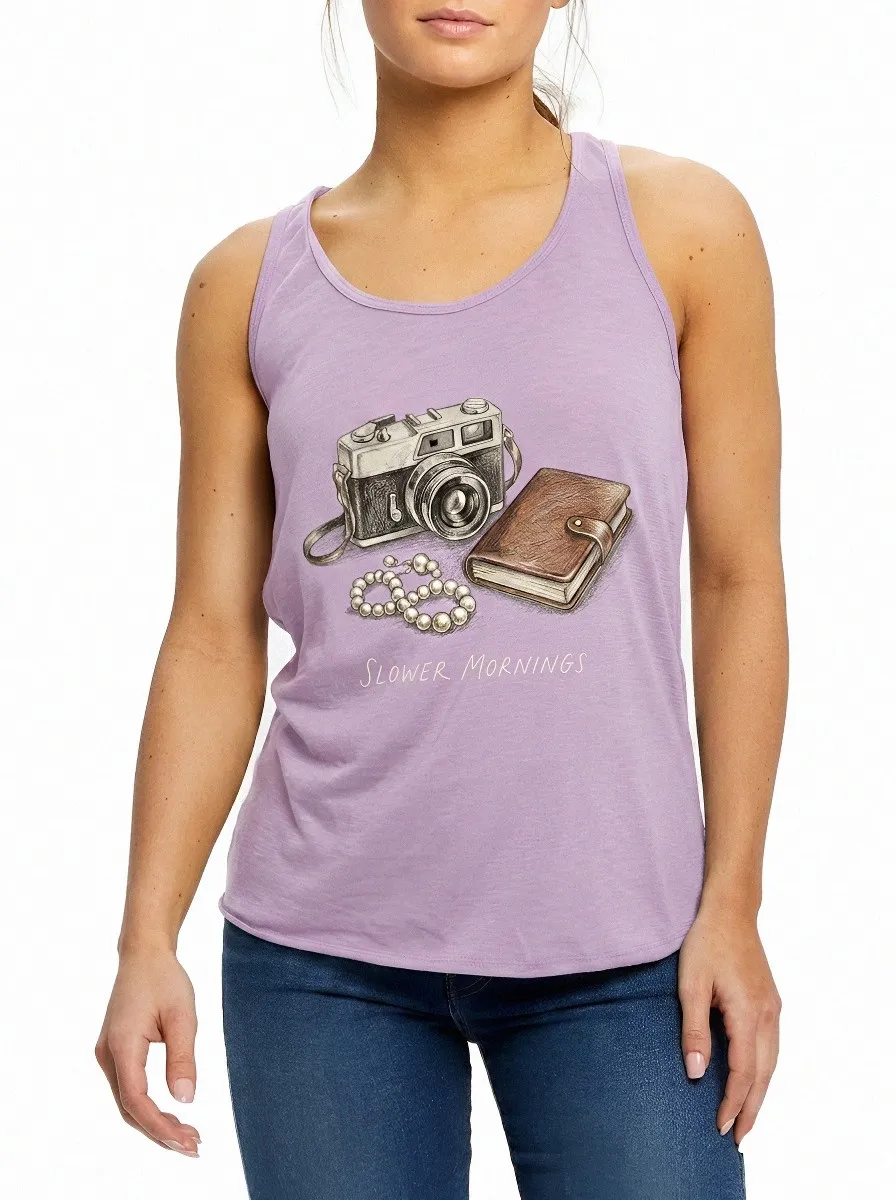 Women's Slower Mornings Camera Journal Pearl Printed Tank Top