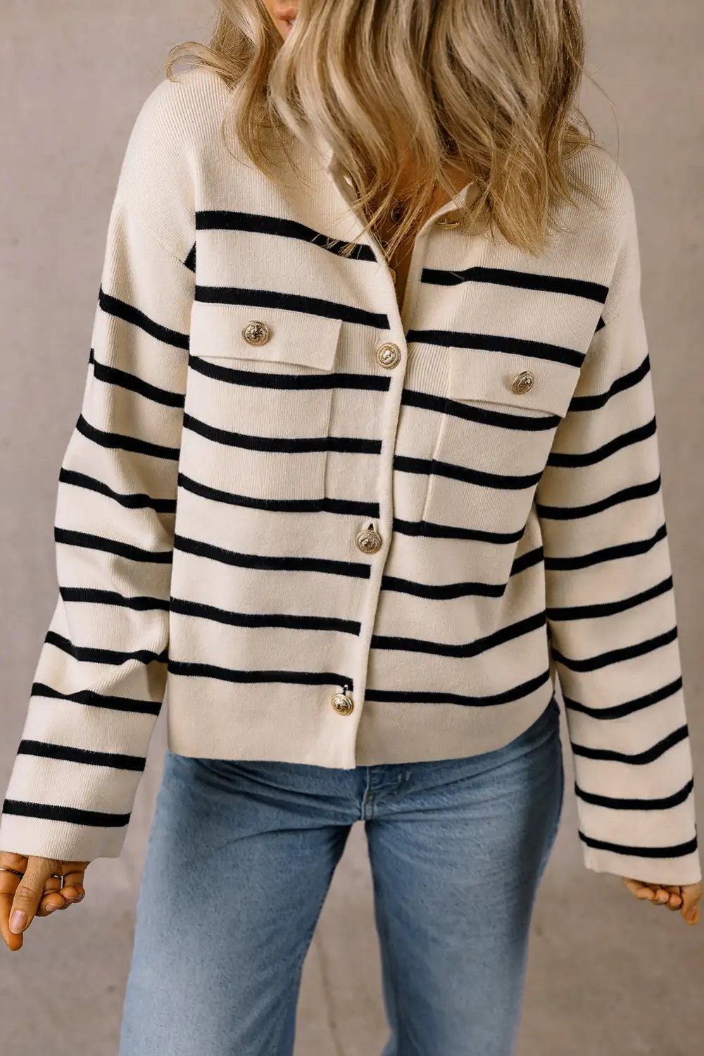 Easy Layer Striped Pocketed Button Front Cardigan