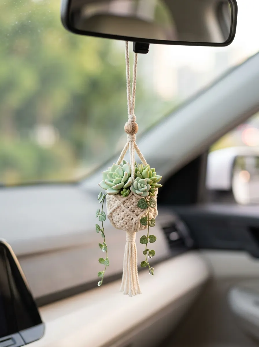 Knitted Plant Rearview Mirror Hanging Ornament