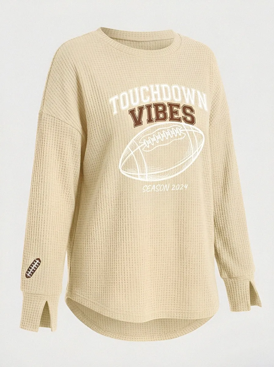 Women's Football Fan Touchdown Vibes Season Printed Waffle T-Shirt