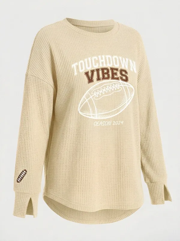 Women's Football Fan Touchdown Vibes Season Printed Waffle T-Shirt