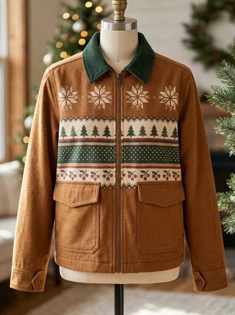 Unisex Christmas Snowflake Tree Cherry Print Zip-up Jacket