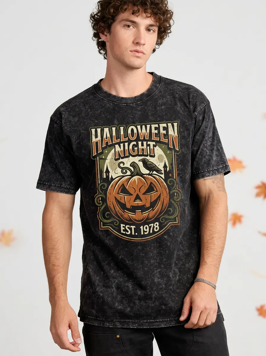 Men's Halloween Night Pumpkin Raven Graphic Printed T-shirt