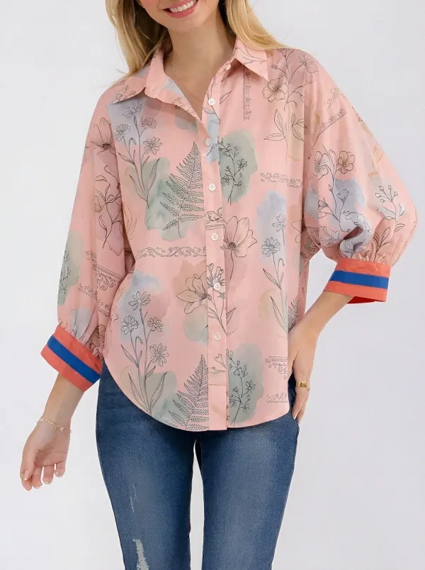 Women's Botanical Watercolor Floral Fern Printed Button-Up Shirt