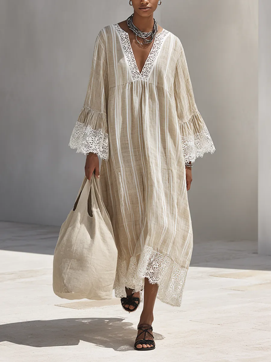 Lace Trim Stripe Maxi Dress
