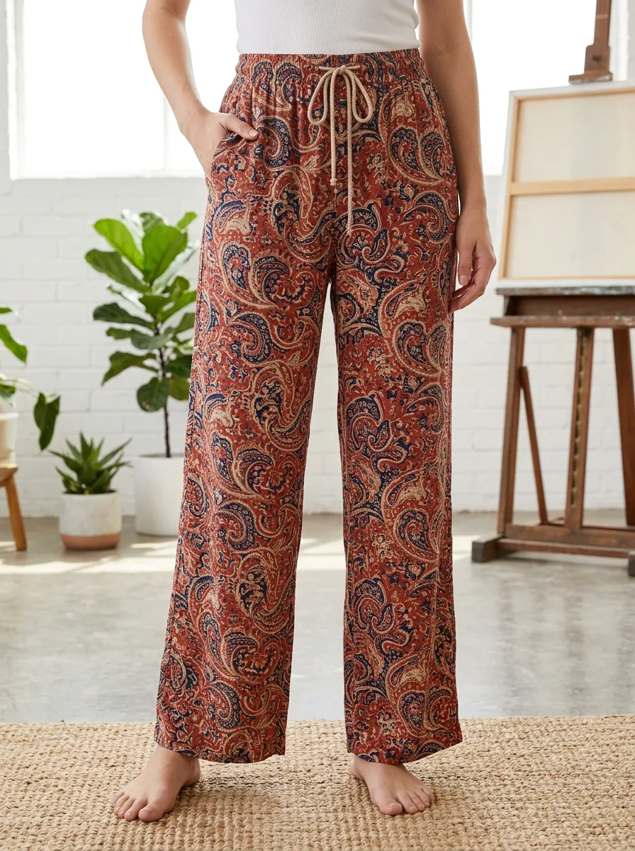 Women's Relaxed Boho Style Paisley Pattern Printed Wide Leg Pants
