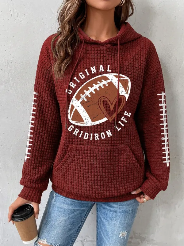 Women's Football Lover Gridiron Life Heart Printed Waffle Hoodie