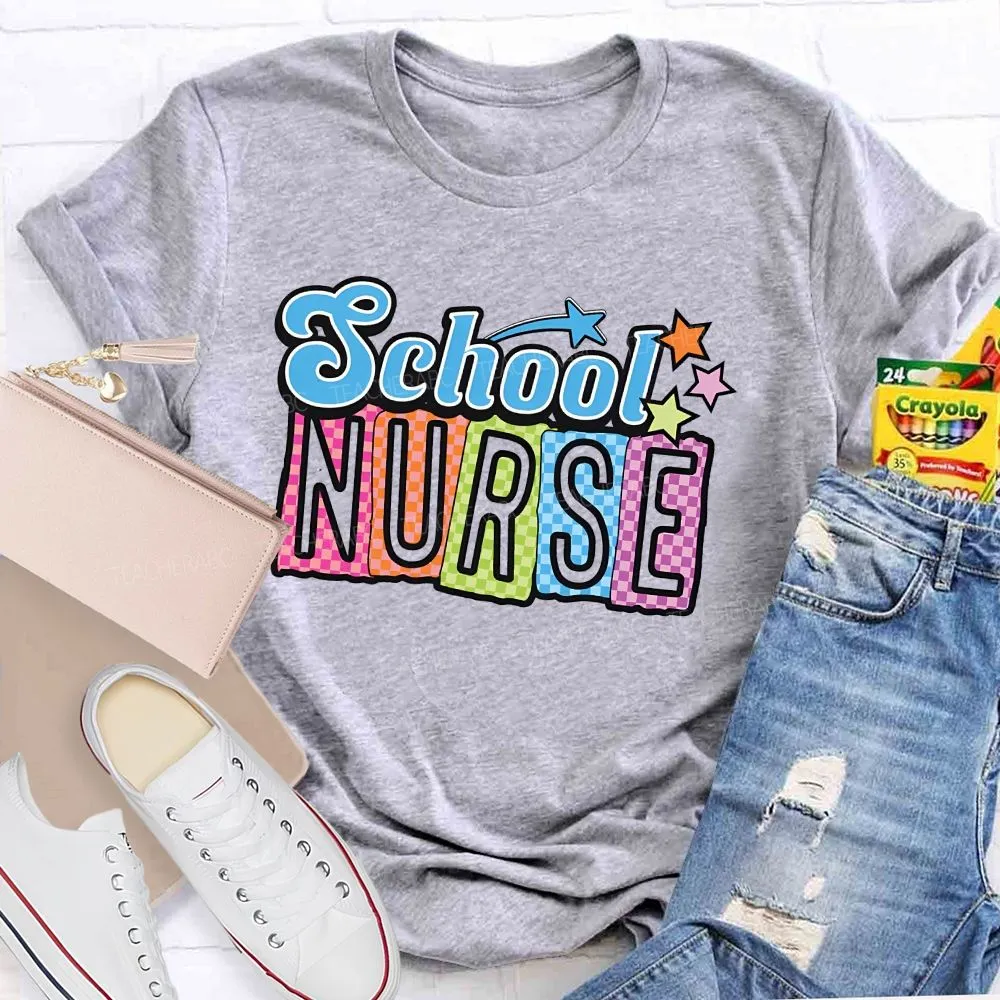 School Nurse Colorful Letters Graphics  Teacher T-Shirt