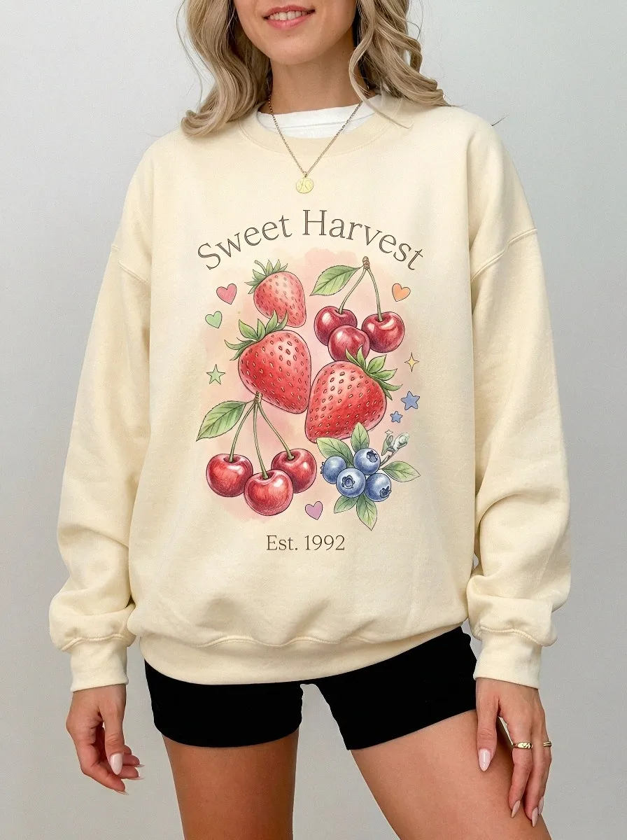 Women's Sweet Harvest Fruit Strawberry Cherry Printed Sweatshirt