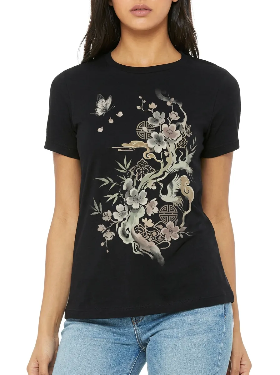 Women's Oriental Crane Cherry Blossom Butterfly Printed T-shirt