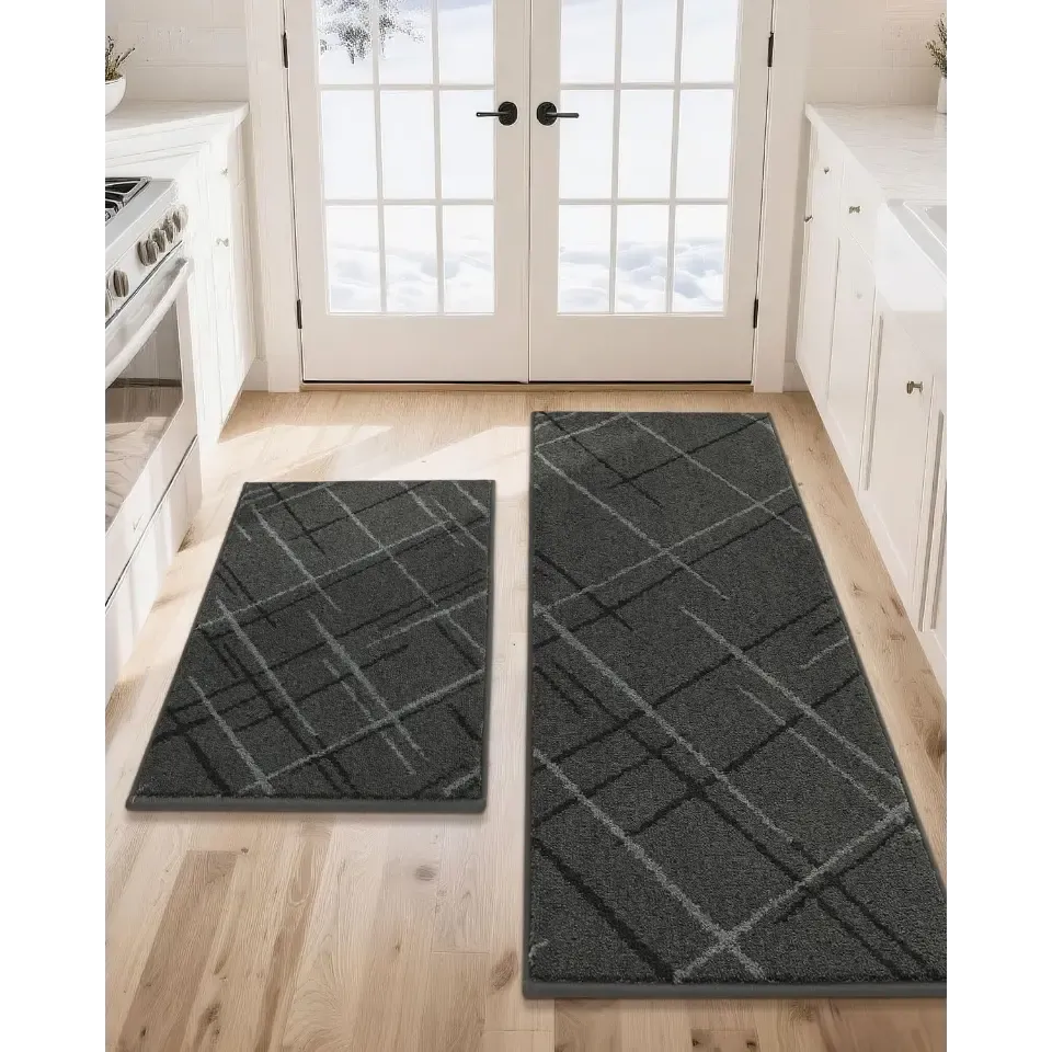 Abstract Plaid Kitchen Rug Set