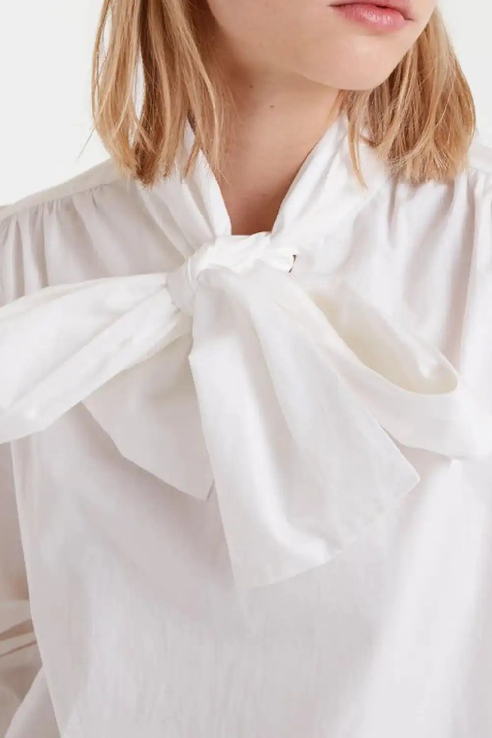 Button Down Tie Neck Bow Tie Pleated Blouse