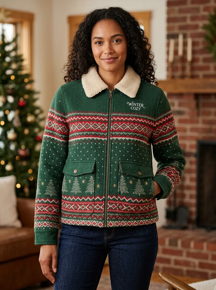 Christmas Fair Isle Tree Pattern Print Fleece Collar Jacket