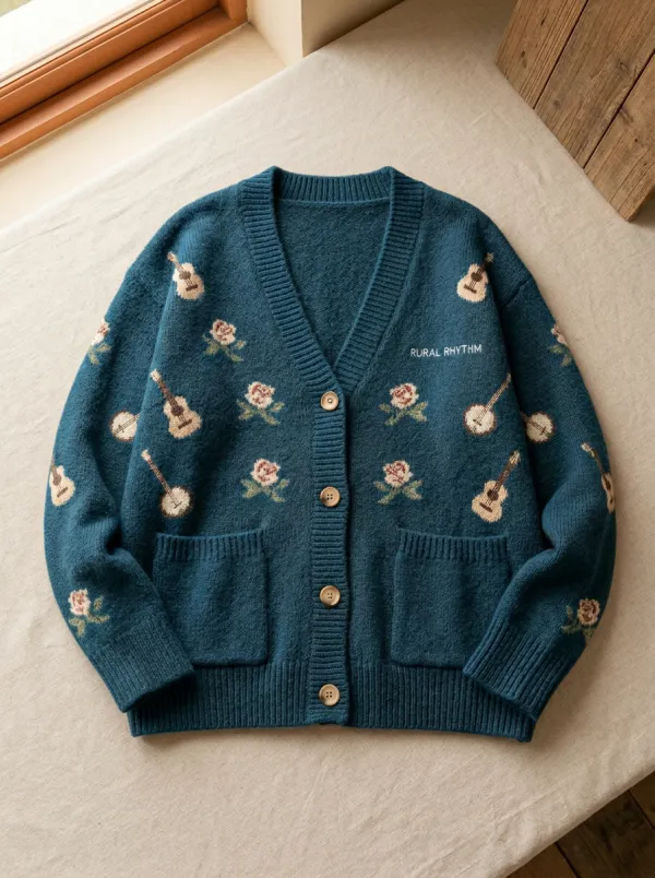 Rustic Guitar Knitted Women's Country Music Casual Cardigan