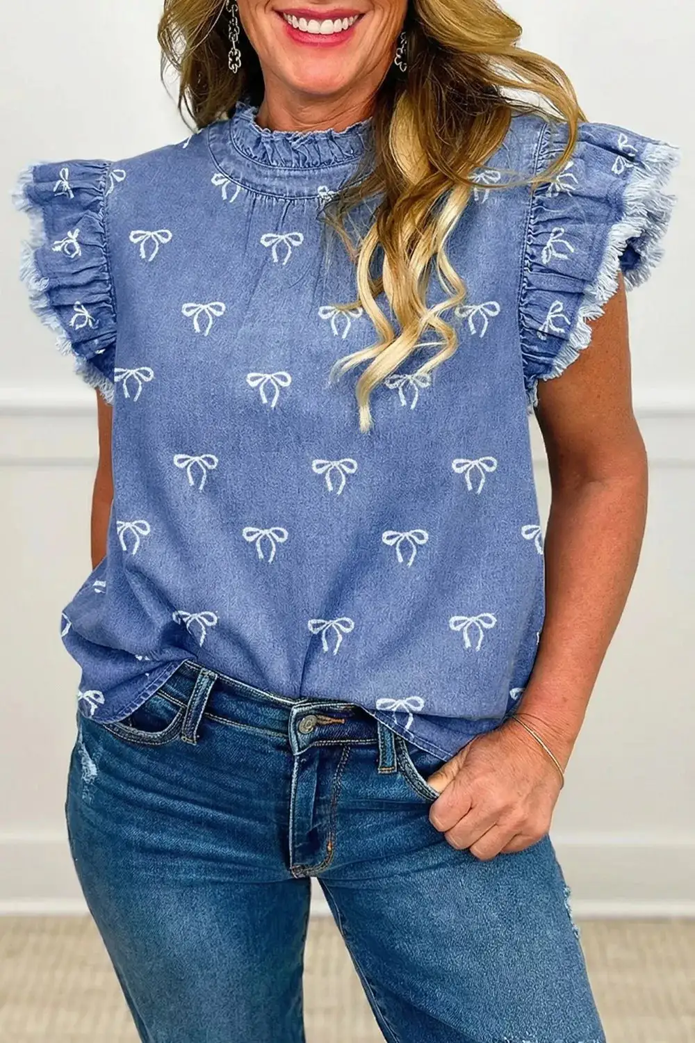 Frilled Collar Flutter Sleeve Top