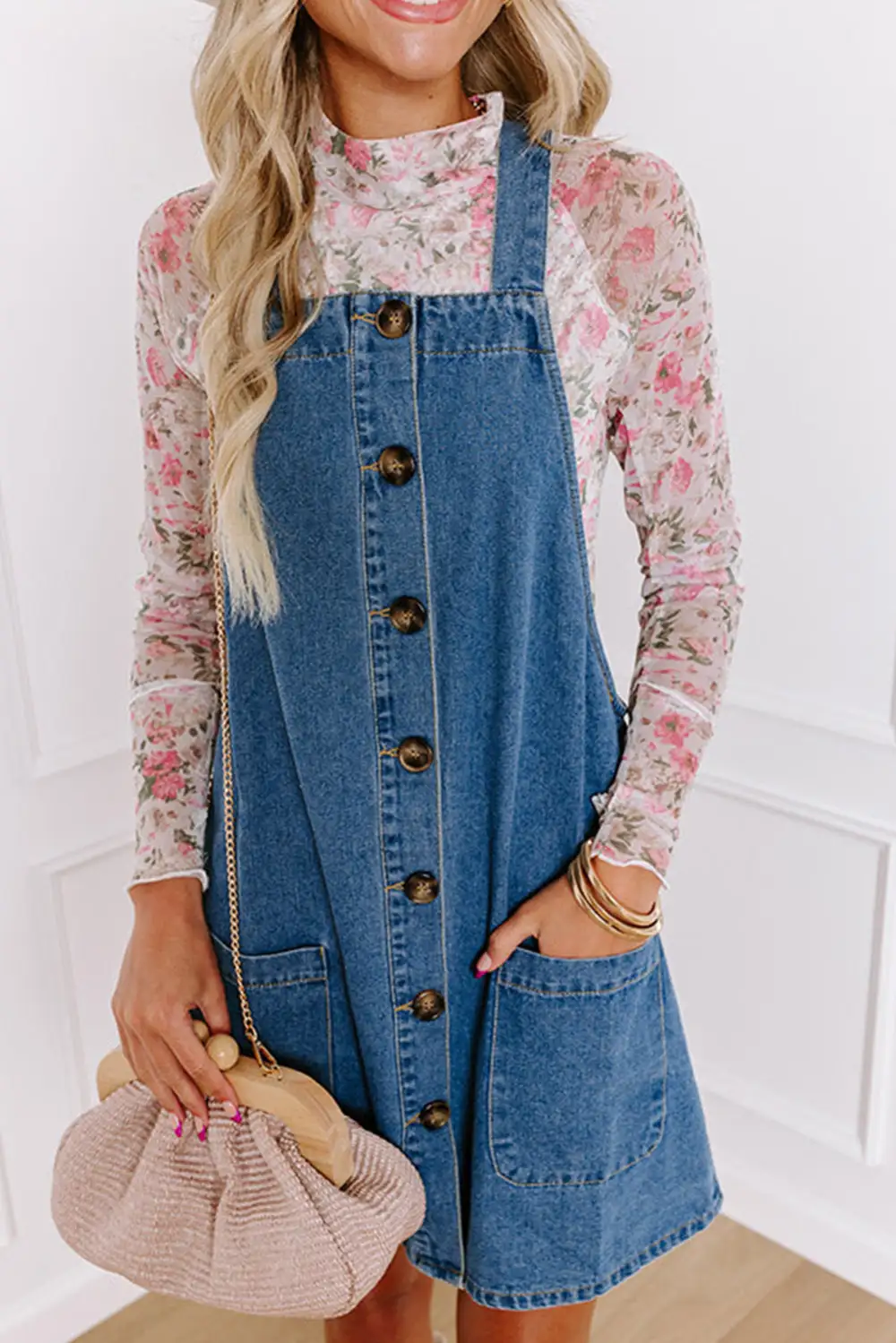 Denim Look Button Front Pocket Detail Mini Dress