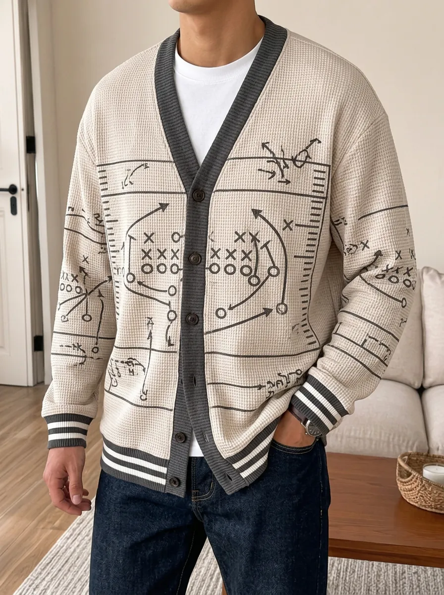 Men's Football Coach Playbook Waffle Knit Printed Cardigan