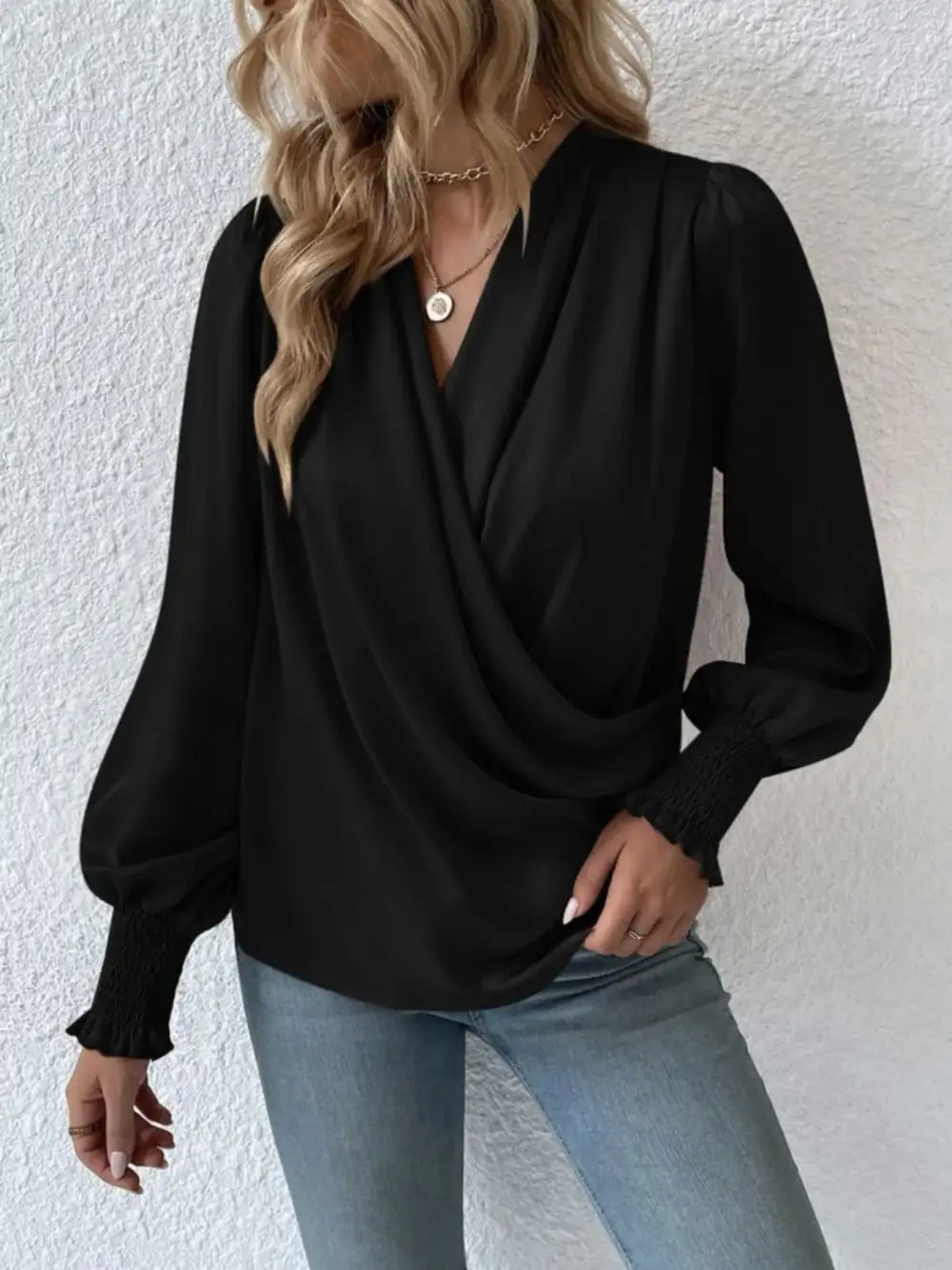 Ruched Surplice Long Sleeve Blouse