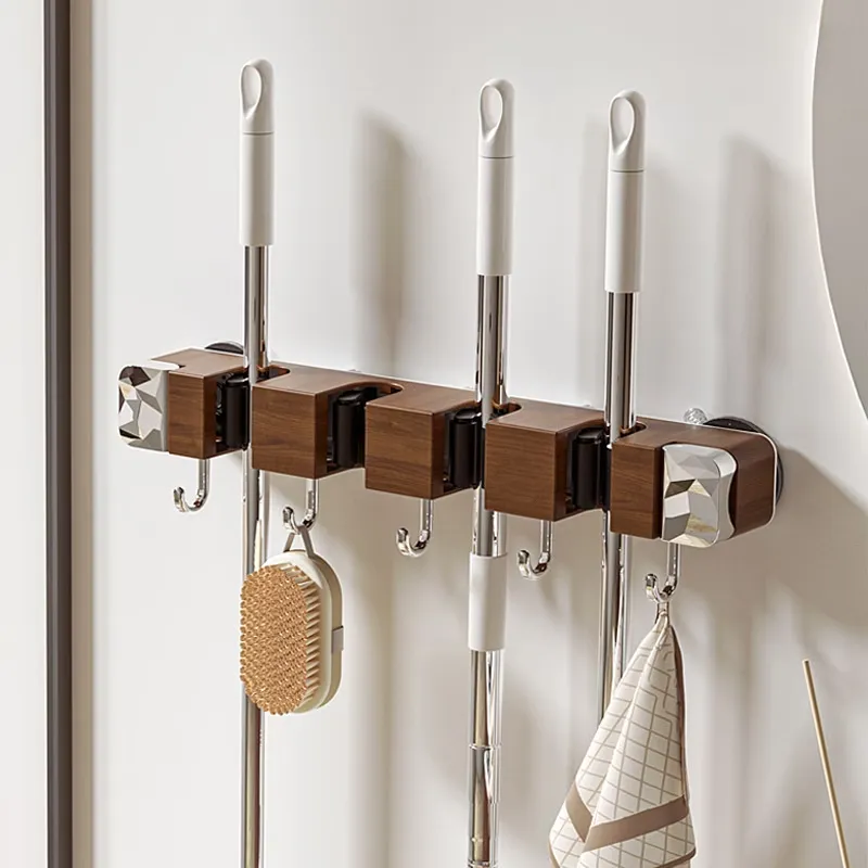 Wooden Mop Hanger with Hooks
