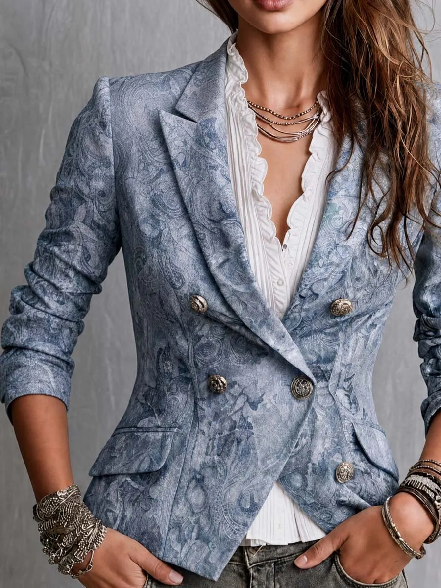 Bohemian Elegant Paisley Print Slim-Fit Blazer Vintage-Inspired Double-Breasted Jacket