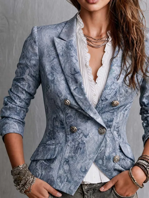Bohemian Elegant Paisley Print Slim-Fit Blazer Vintage-Inspired Double-Breasted Jacket