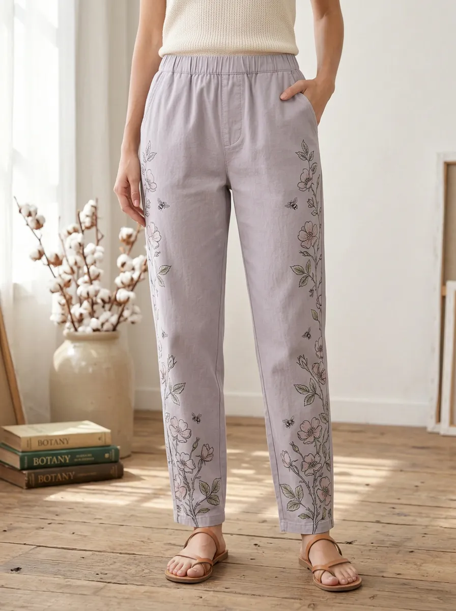 Women's Botanical Bee Floral Printed Casual Pants