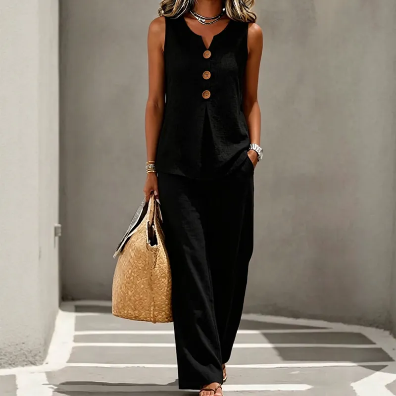 🌿Women's Natural Linen-Blend Sleeveless Button Top and Loose Pants Set