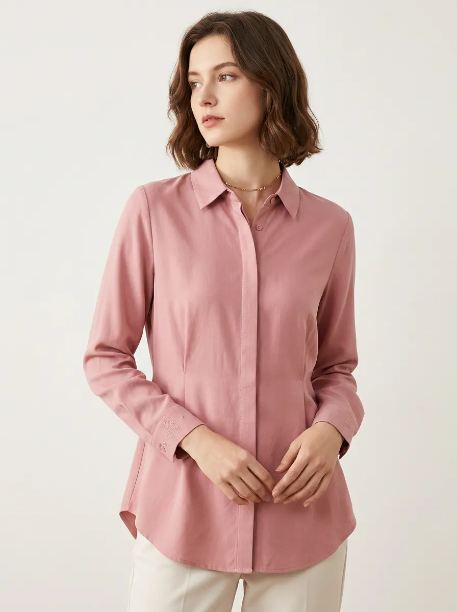 Women's Casual Floral Embroidered Pink Long Sleeve Button-up Shirt