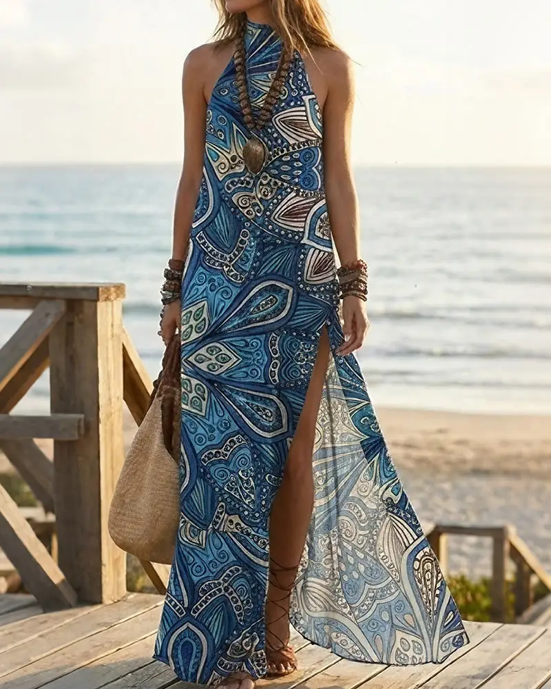 Boho Halter Neck High Slit Maxi Dress