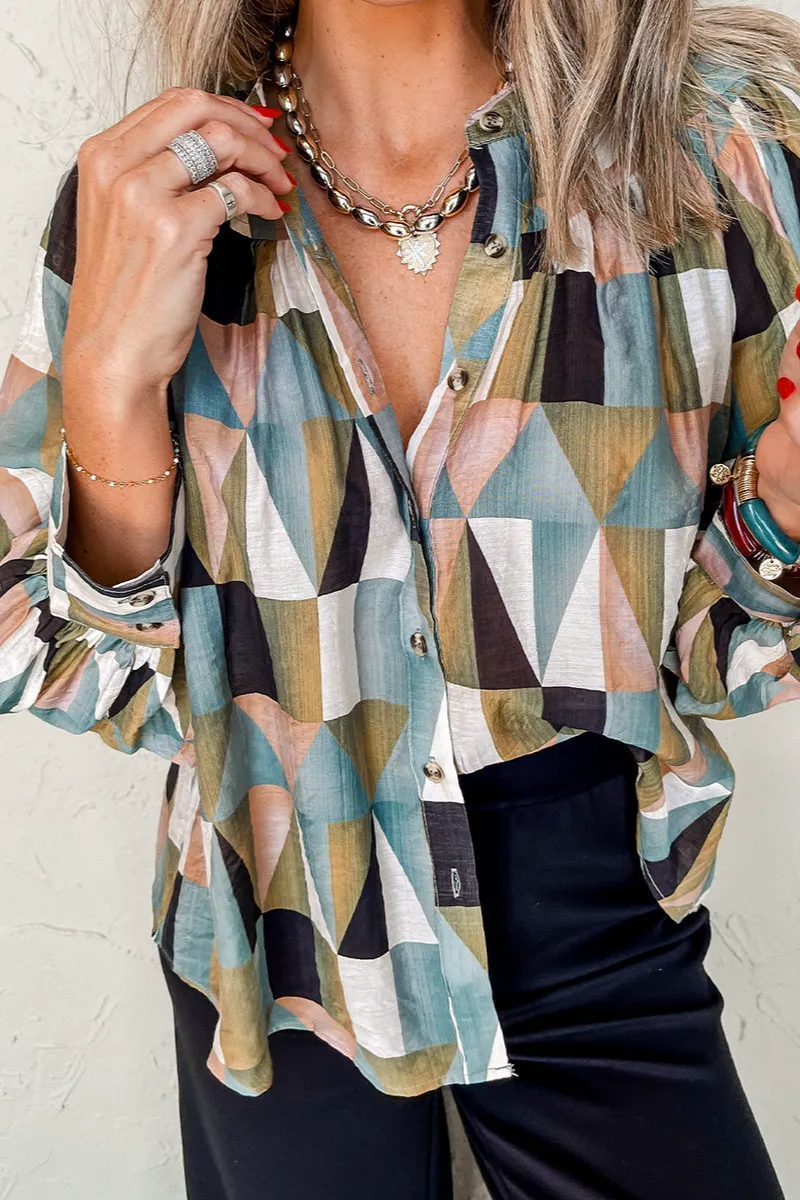Geometric Print Plaid Relaxed Fit Shirt Blouse