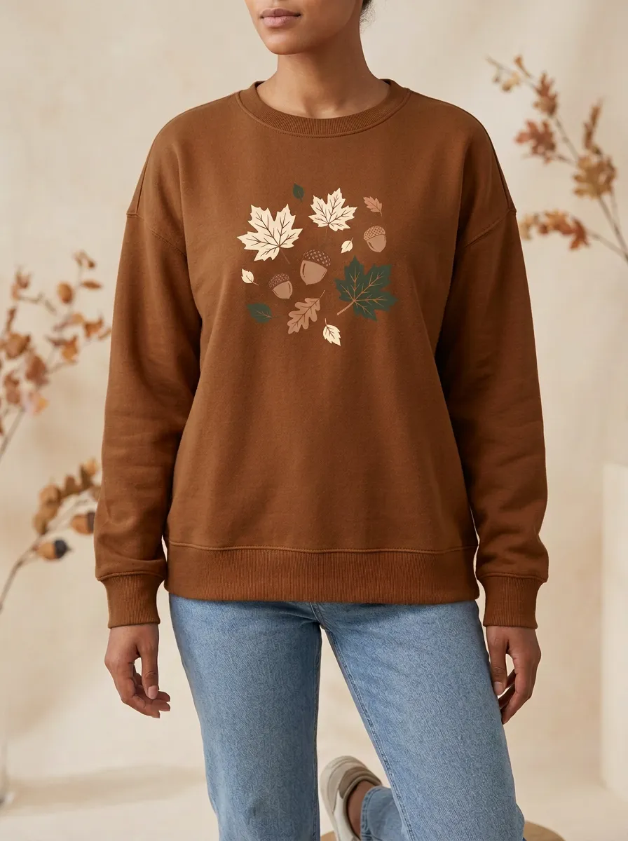 Botanical Maple-Leaf Printed Acorn Graphic Sweatshirt