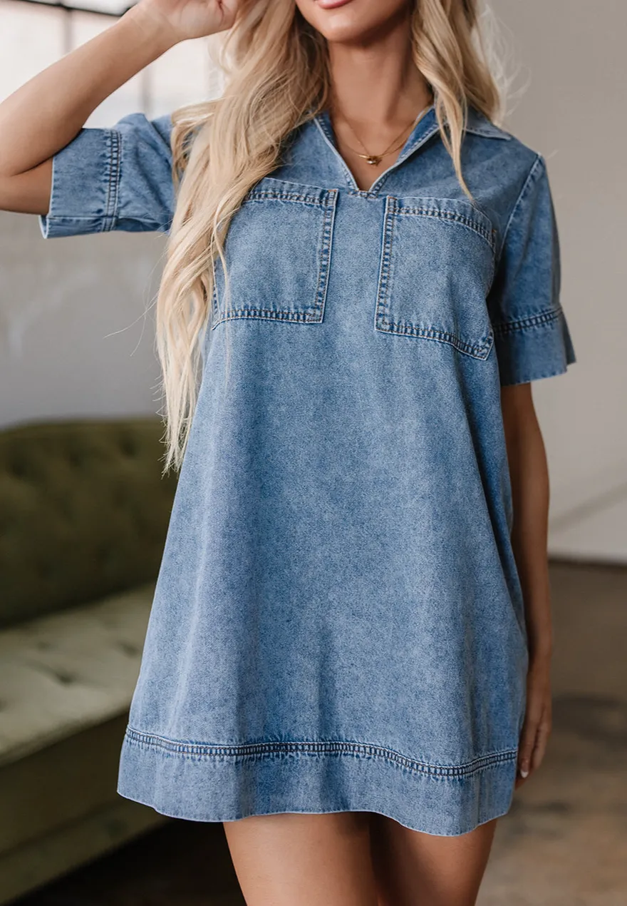 Laidback Denim Look Pocket Detail Collared Mini Dress