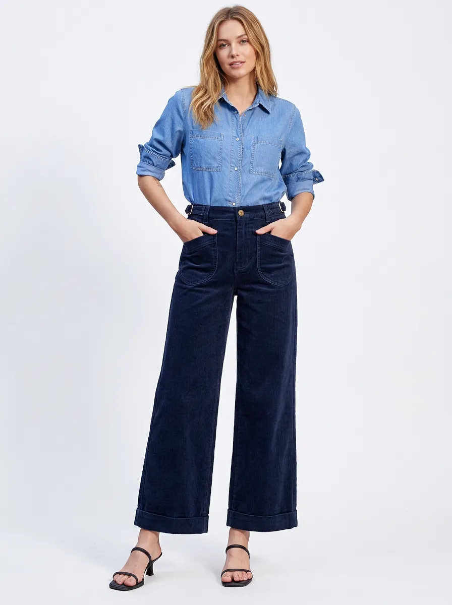 Women's Casual Navy Corduroy Wide Leg Trousers