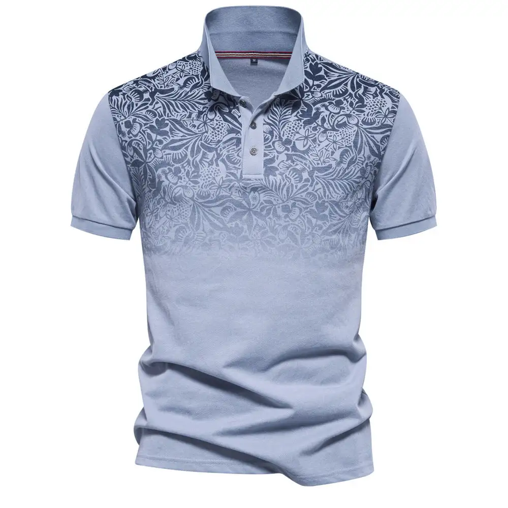 Men's Polo Shirt With Floral Gradient Pattern Classic Collar And Subtle Button Placket