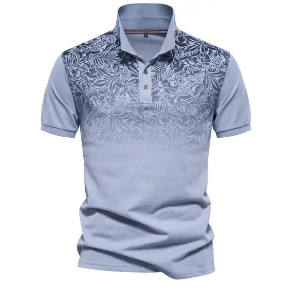 Men's Polo Shirt With Floral Gradient Pattern Classic Collar And Subtle Button Placket
